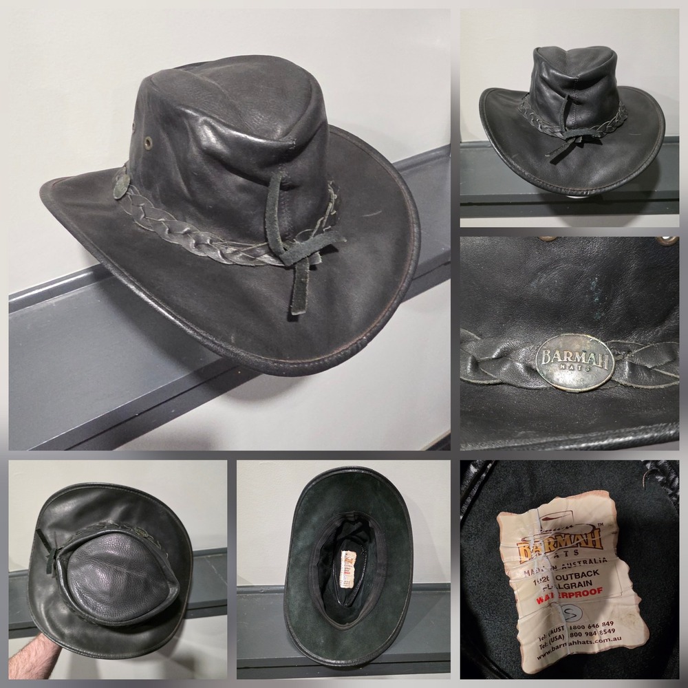 Barmah Hats Hat Cowboy Fitted Mens Small Black Leather Outback Waterproof